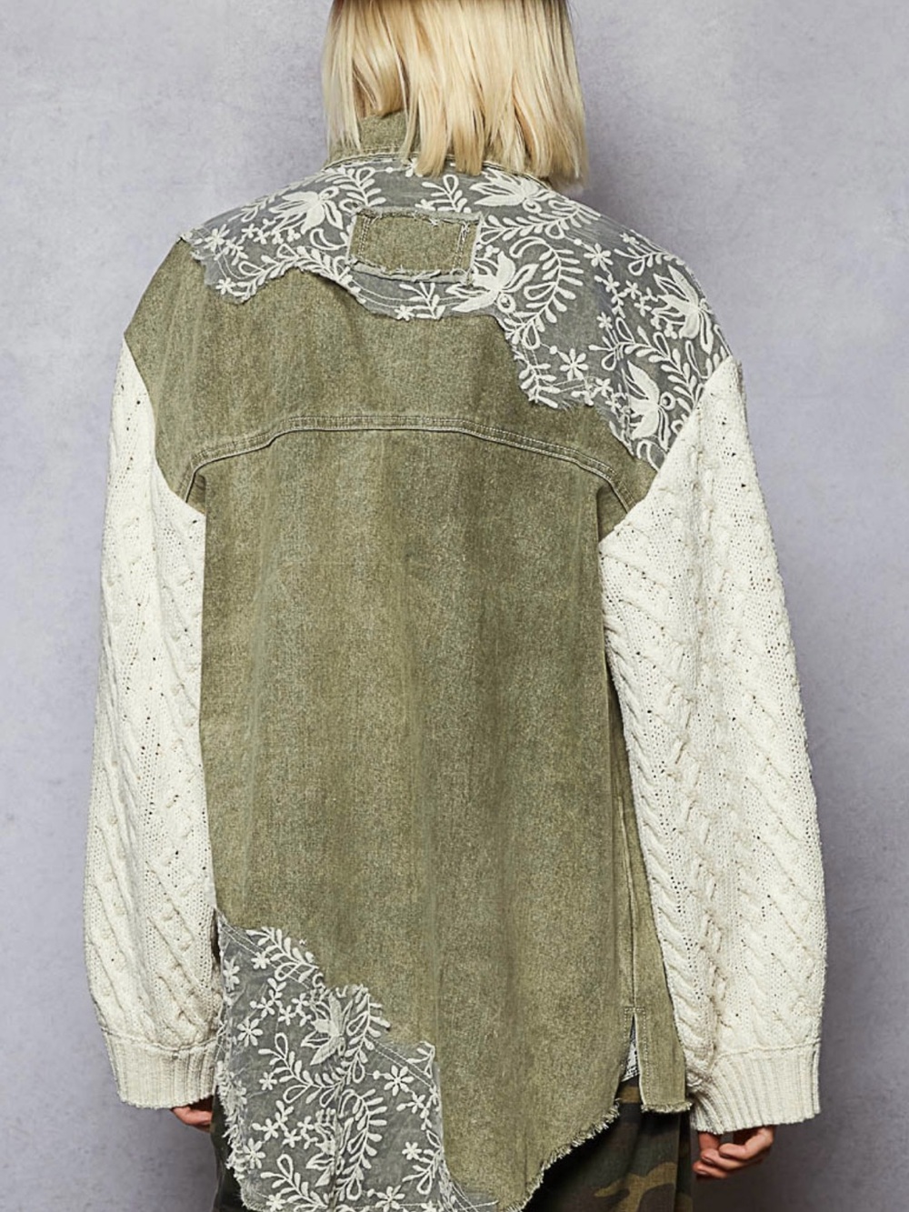 POL NWOT Olive Embroidered Patchwork Cable Knit Sleeve Shacket S - Picture 3 of 12